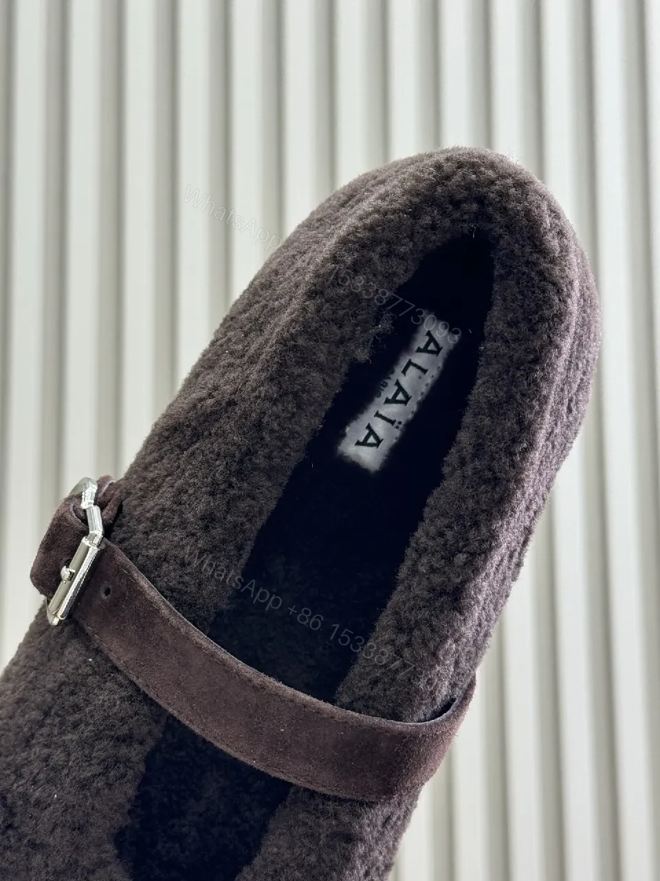 View 3 of Cozy Textured Shearling Slipper with Buckle Detail & Comfort
