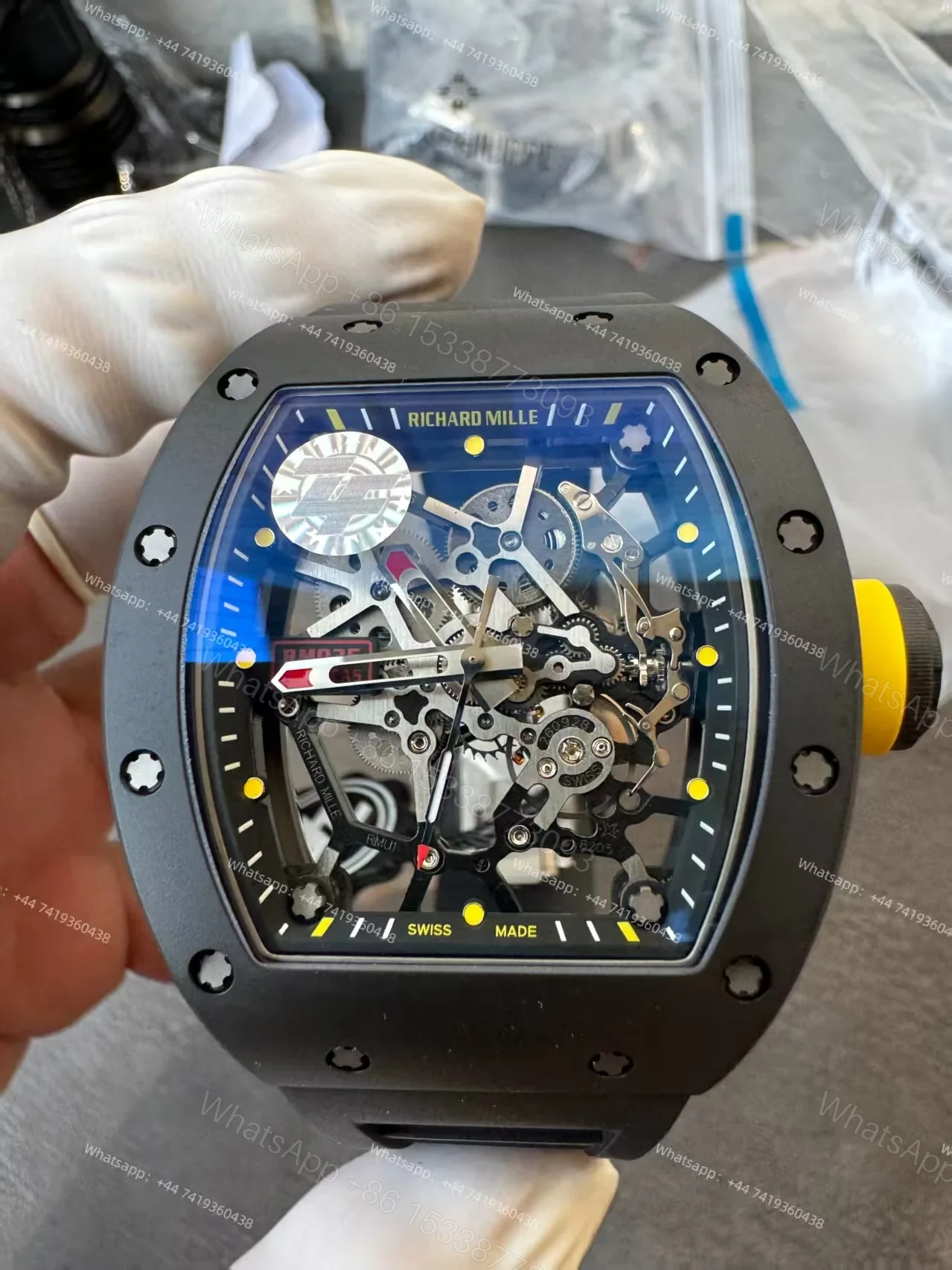 View 7 of Super Clone Richard Mille RM 035 Americas Black Ceramic Skeleton Black Rubber Strap 1:1 Replica Watch