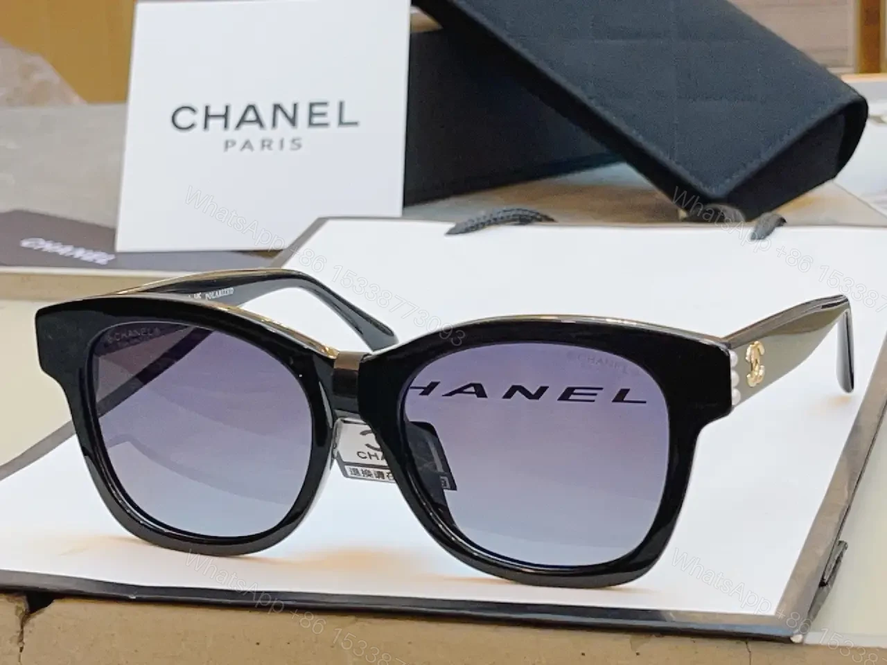 View 3 of Black Glossy Sunglasses Oversized Square Frame with Logo Detail