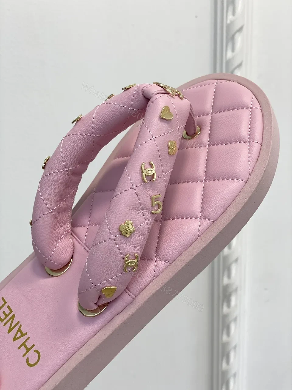 View 4 of Pink Quilted Sandals with Gold Hardware Slide
