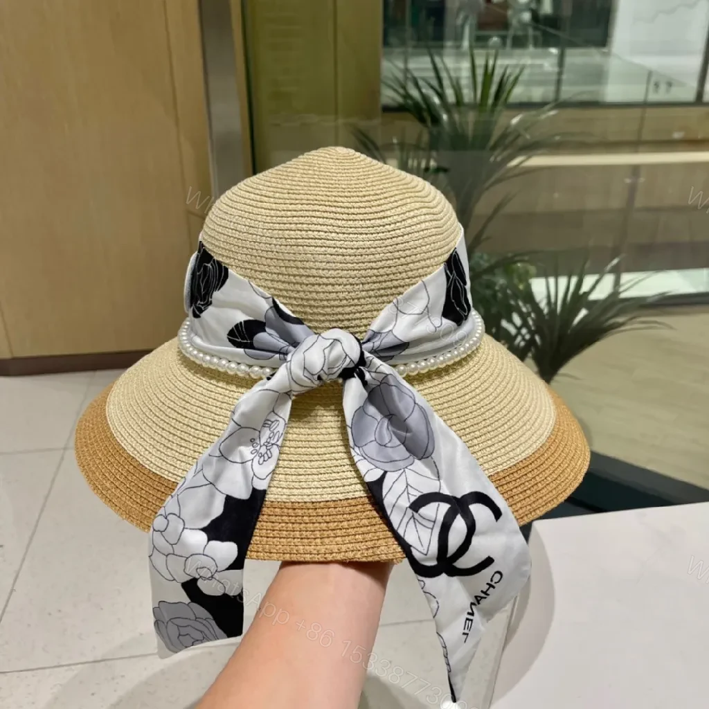 View 4 of Chic Wide-Brim Straw Hat with Pearl Band Detail