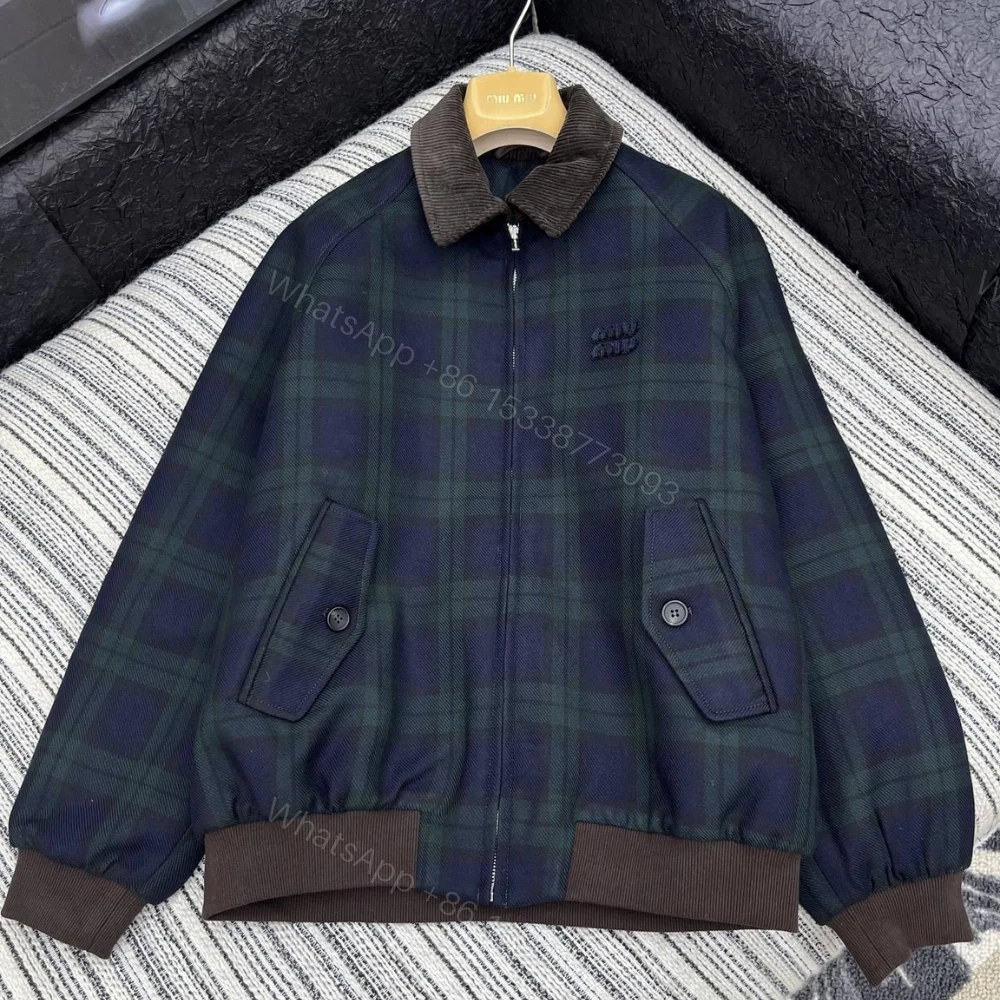View 2 of Miumiu Checked Twill Blouson Jacket Blue And Green