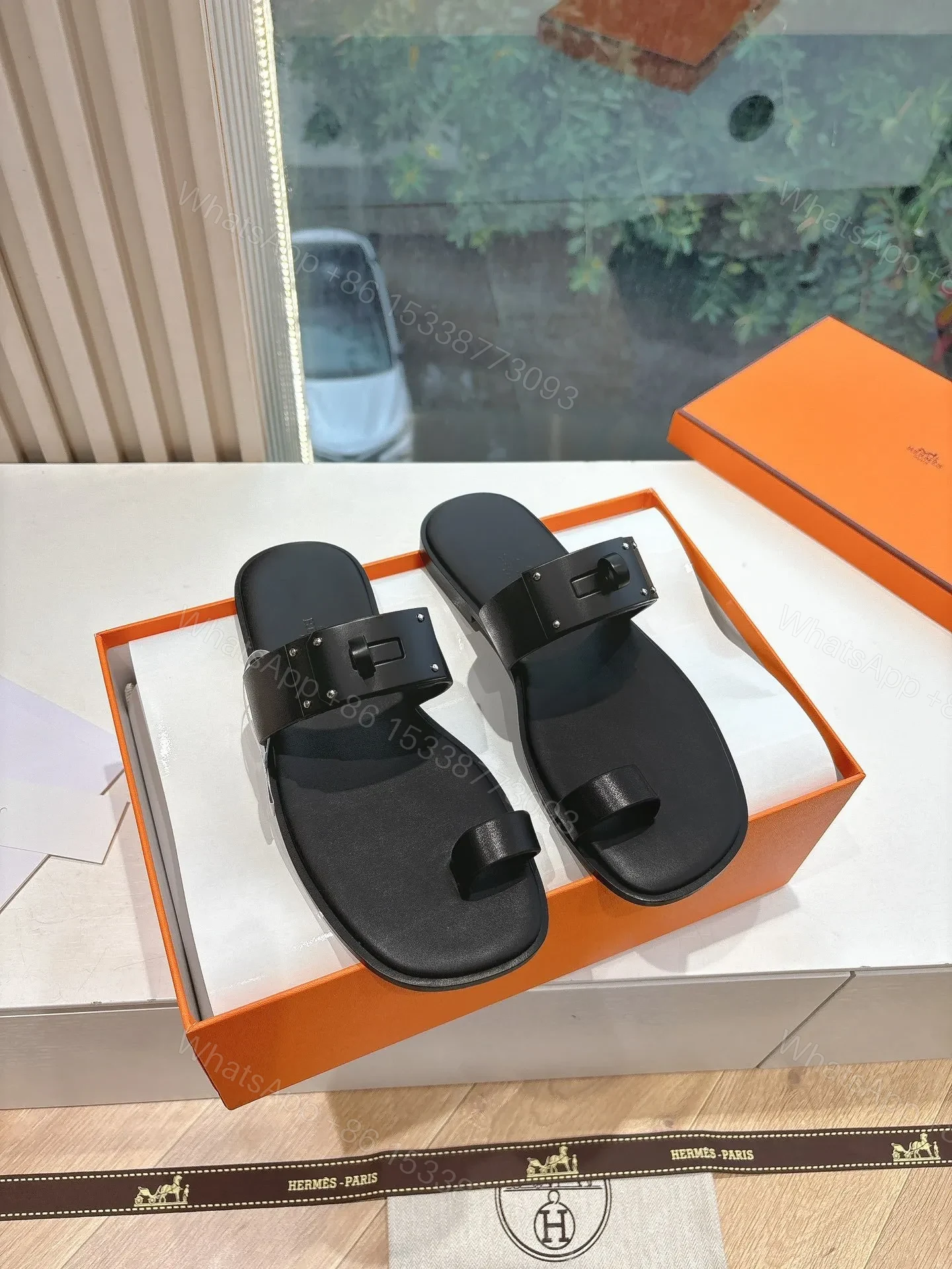 View 3 of Hermes Women Black Leather Toe Loop Mules