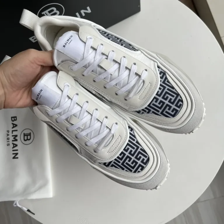 View 7 of Ivory Leather Balmain Runner: Graphic Geometry Sneaker