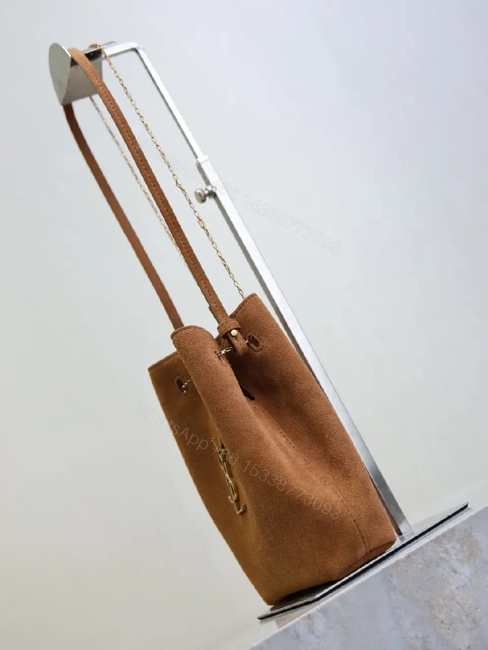 View 3 of Brown suede YSL-inspired shoulder bag with gold-tone chain strap