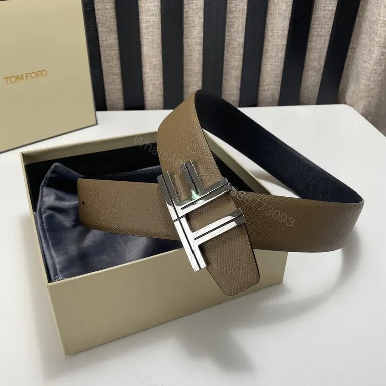 View 7 of Taupe Full-Grain Leather Belt with Signature TF Buckle
