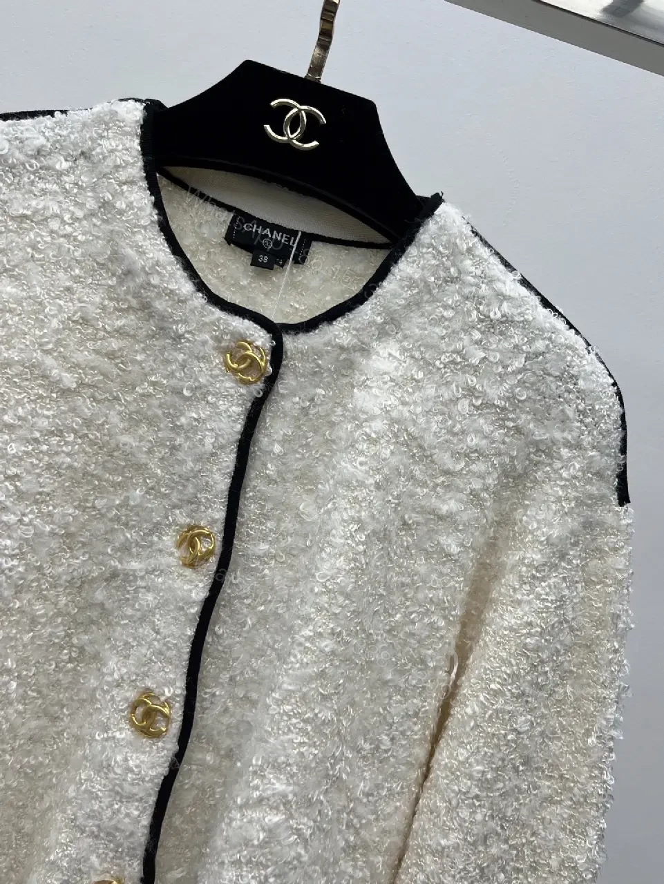 View 6 of Off-White Bouclé Cropped Jacket with Gold Button Trim