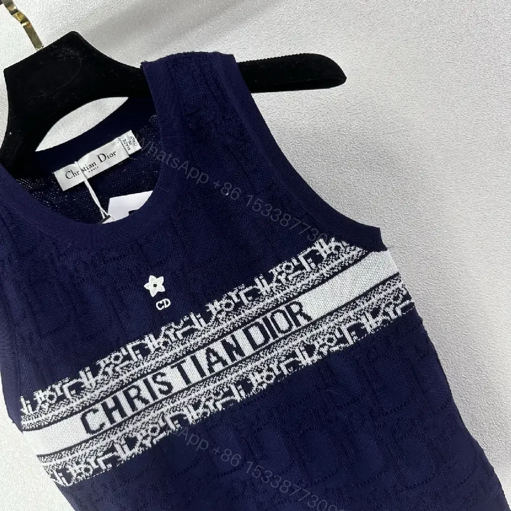View 4 of Navy Cotton Tank Top with Dior Band Logo Knit