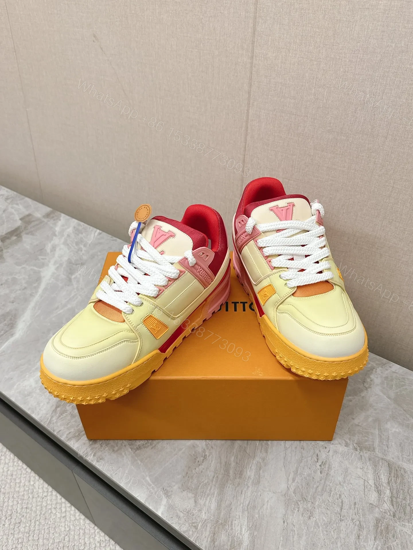 View 6 of LV Women Yellow Leather Orange Accent Sneakers