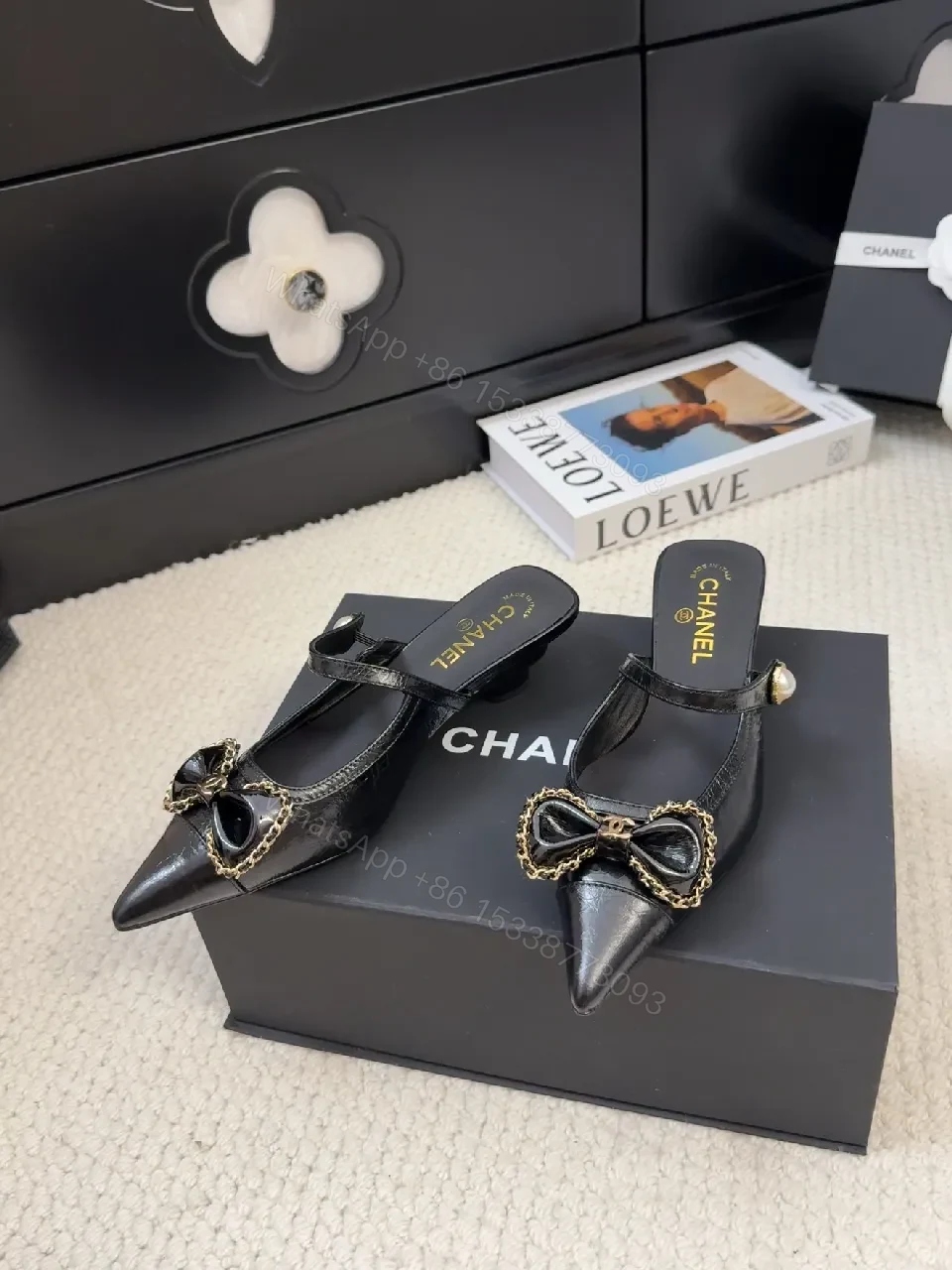 Chic Black Patent Mule with Chain Bow Detail, Luxe Style — view 1