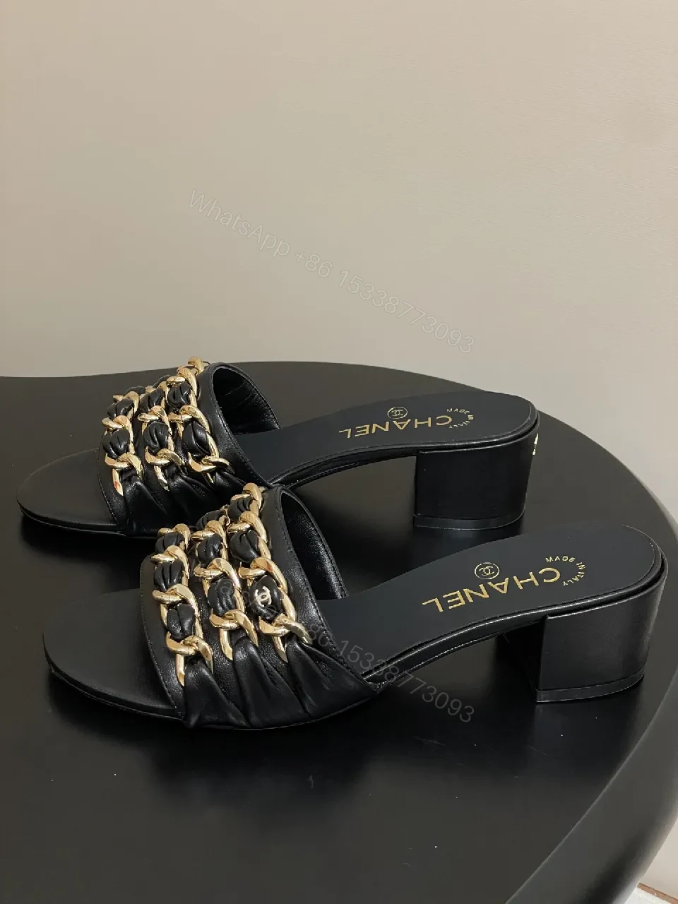 View 5 of Black Leather Slide Sandals with Gold Chain Detail: Luxe Everyday
