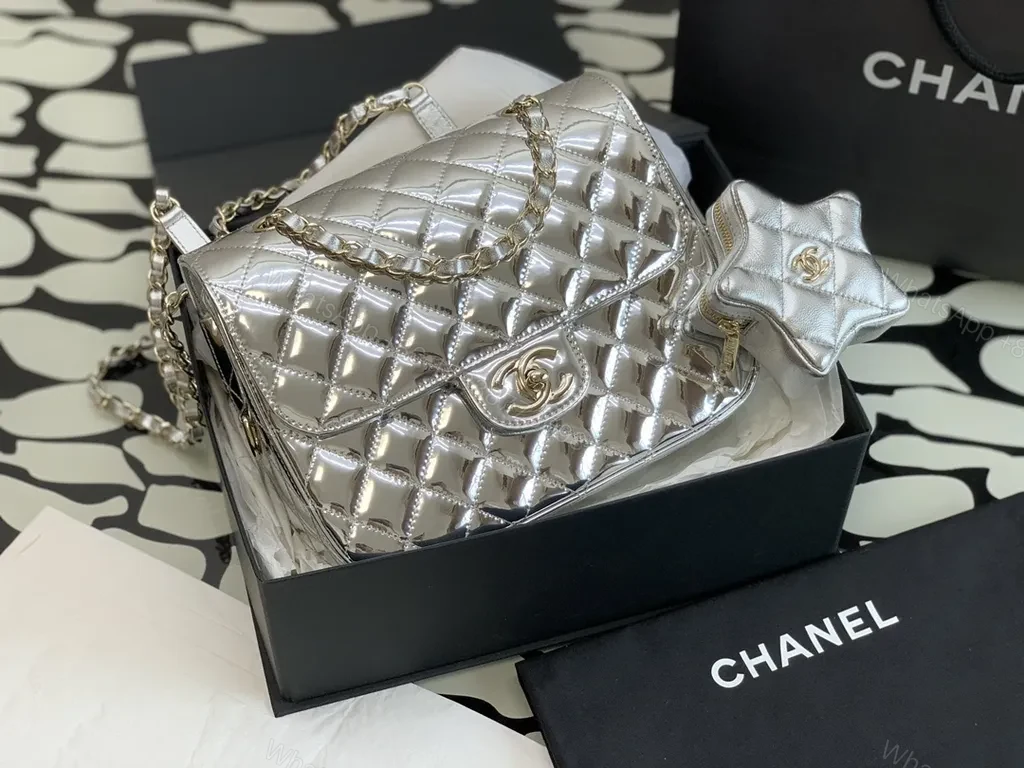 Shimmer Quilted Chain Bag â€“ Silver Metallic, Luxe Chanel-Inspired Style — view 1