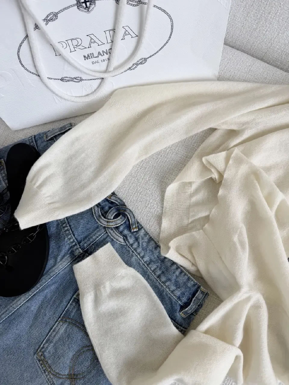View 5 of Cream Polo Knit Sweater with Prada Logo, Classic Raglan