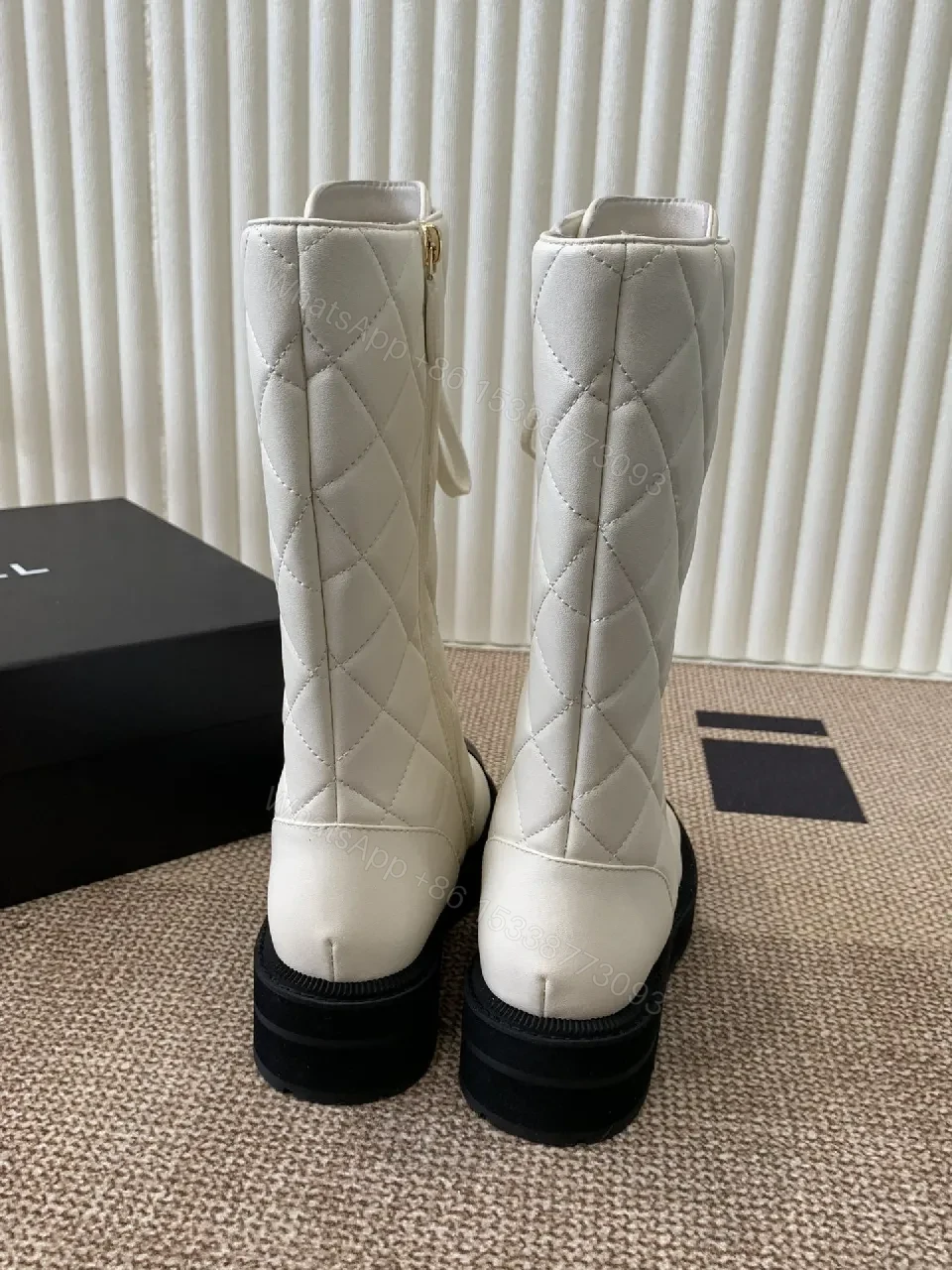 View 6 of Off-White & Black Leather Combat Boots with Luxe Lug Sole