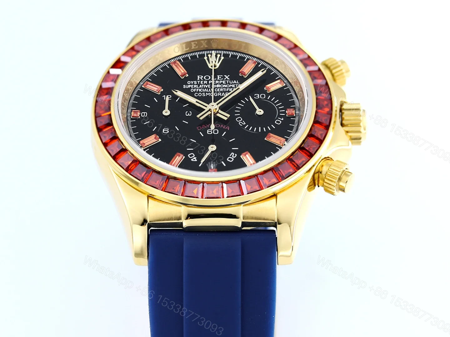 View 2 of Rolex Daytona Ruby Blue Strap Replica 43MM Exclusive Gold Case Edition RG-ROLEX-DAYTONA-RUBY-BLUE-43