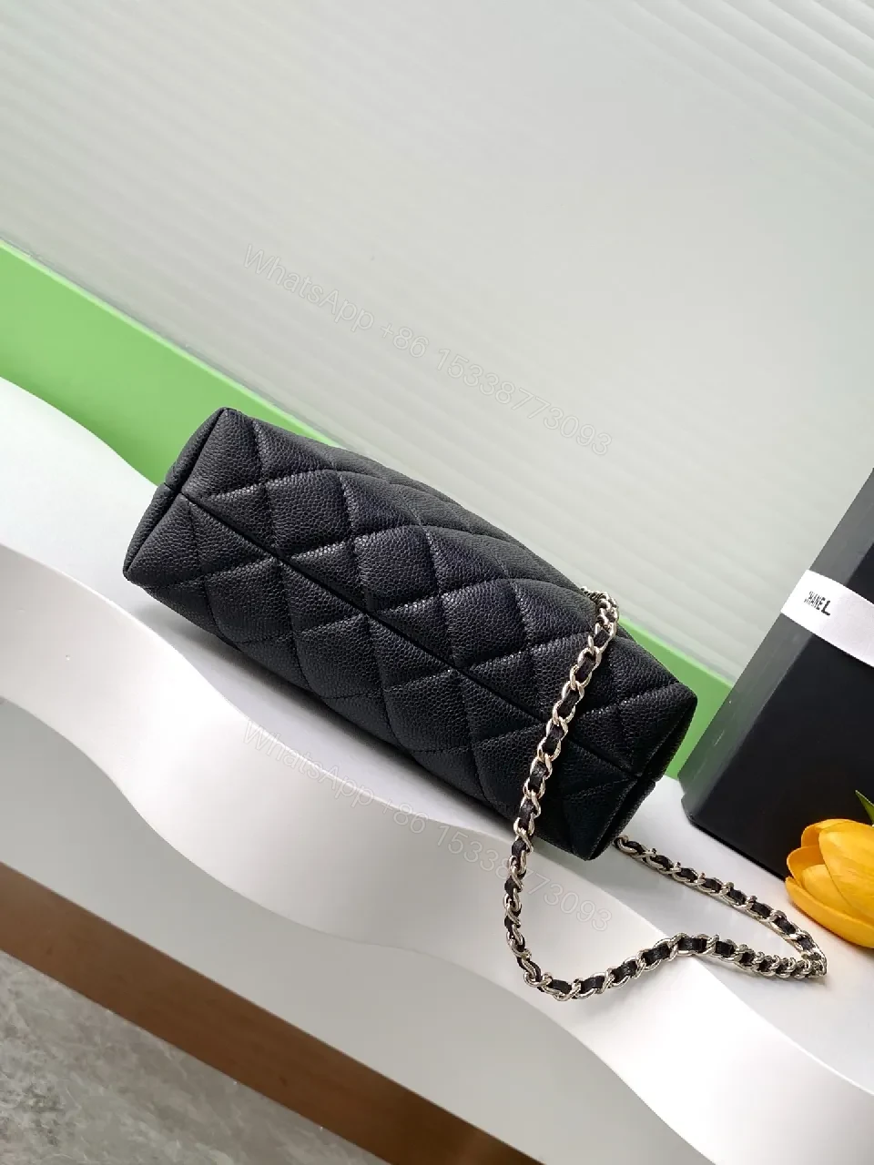 View 9 of Quilted Black PU Bag with Gold Hardware, Crossbody Style