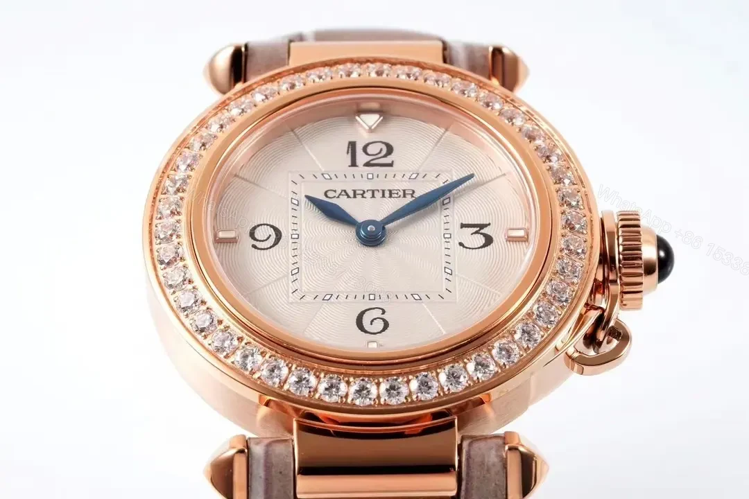 View 8 of JF Factory Cartier Pasha de Cartier Women’s Watch – 30mm Rose Gold with Diamond Bezel, Blue Steel Hands, and Quick Release Leather Strap