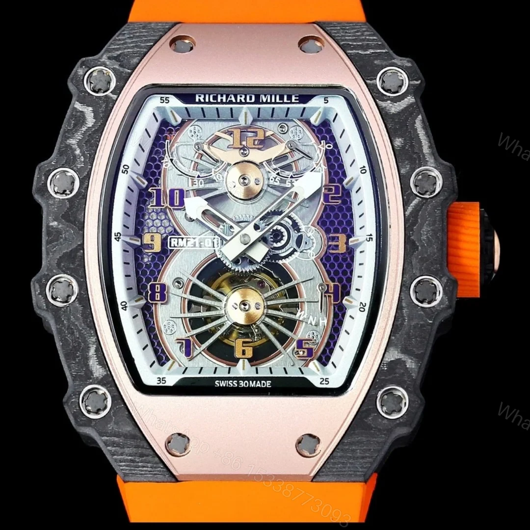 View 4 of Richard Mille RM21-01 Automatic Skeleton Watch 40MM Carbon Fiber Case Orange Strap Aerospace Structure 20 Keyway Screws Premium Edition RM-RM21-01-CF-ORG-SKL-40