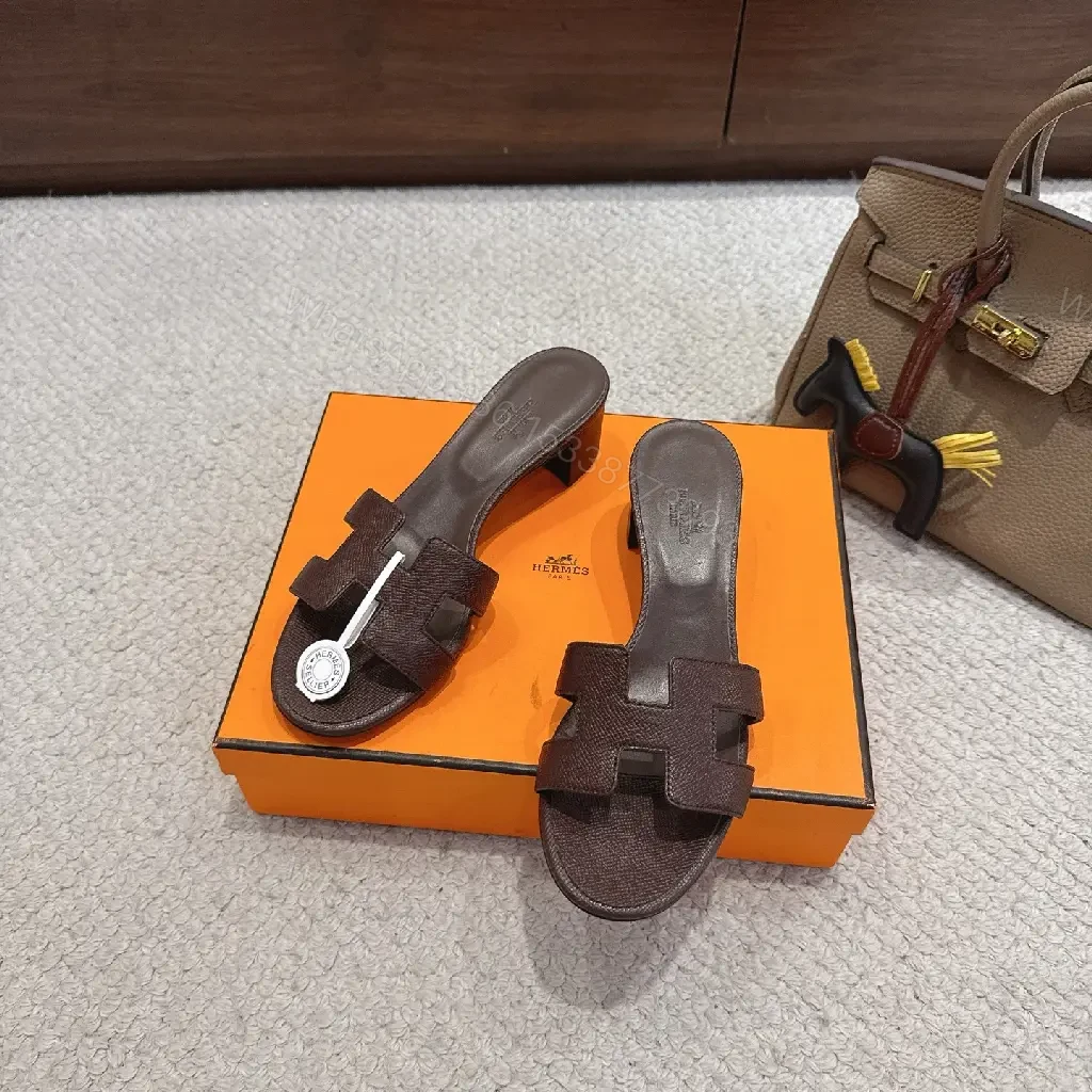 View 7 of Brown Leather H-Style Sandals - Hermes-Inspired Slide Sandals