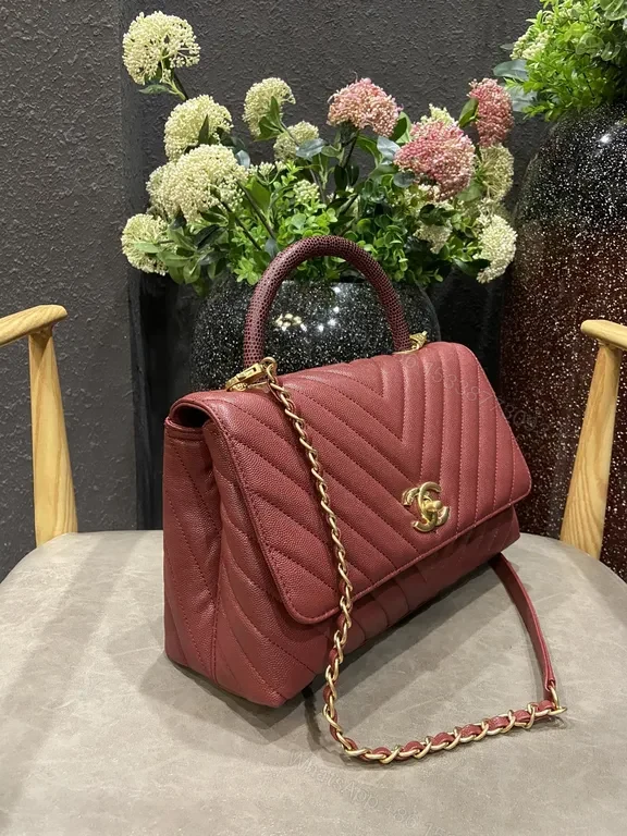 View 6 of Burgundy Chevron Leather Handbag with Gold Emblem Chanel-Inspired