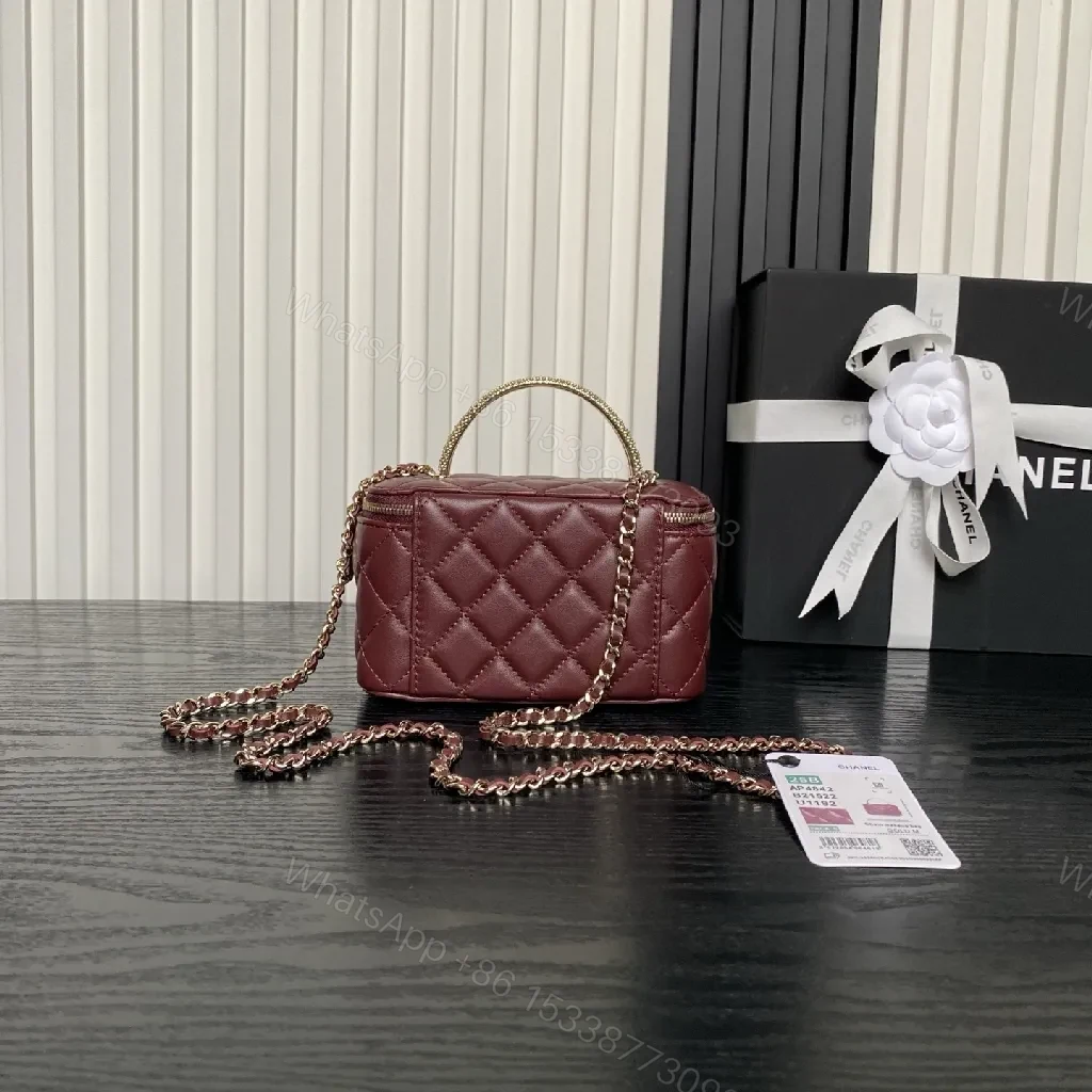 View 4 of Quilted Burgundy Leather Mini Bag - Chain Strap, Gold Hardware
