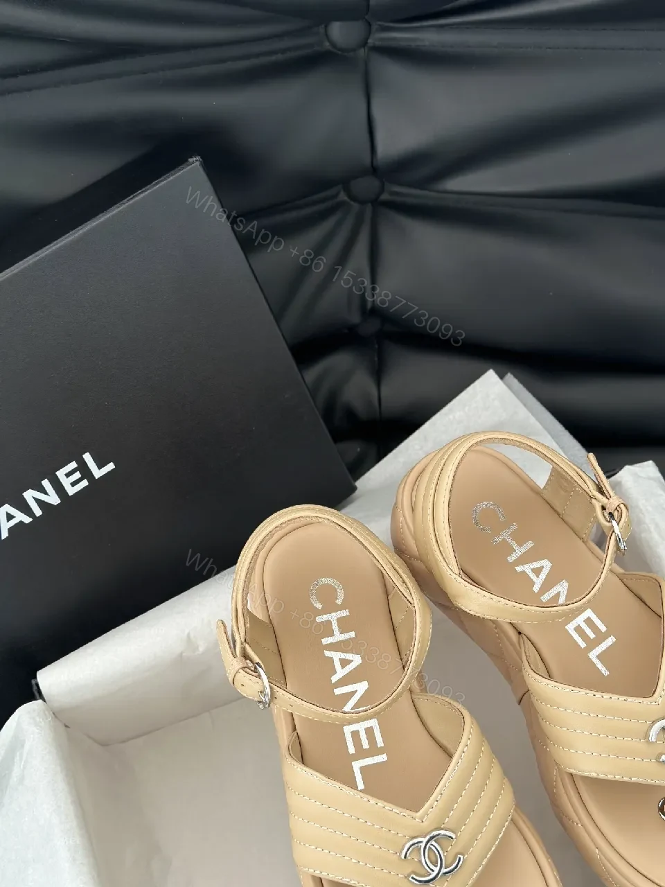 View 8 of Quilted Leather Sandal with Cushioned Footbed and Nude-Tan Strap