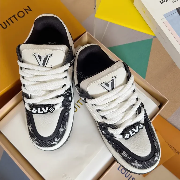 View 3 of White Leather LV-Patterned Low-Top Sneakers