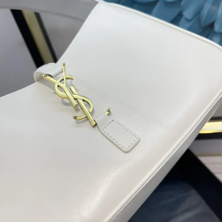 View 8 of Minimalist White Leather Handbag with Gold YSL Accent