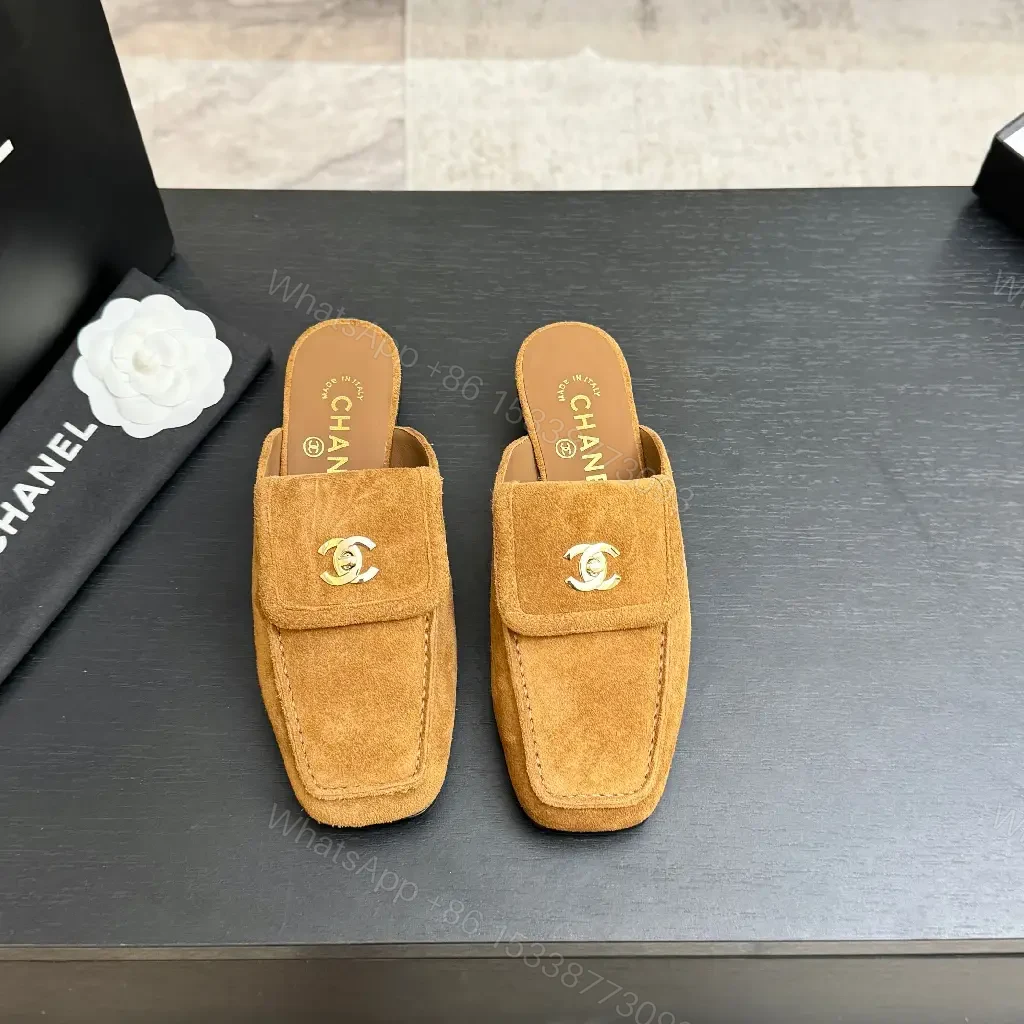 View 7 of Beige Suede Slip-On Mules with Chanel Logo Embellishment