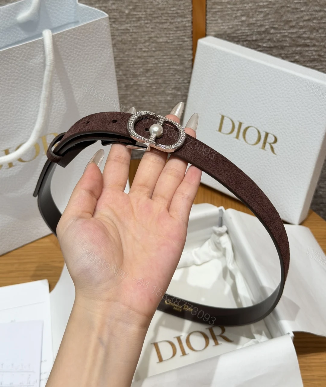 Dior原單女士CD珍珠細腰帶咖啡色麂皮質感氣質百搭設計款 — view 1