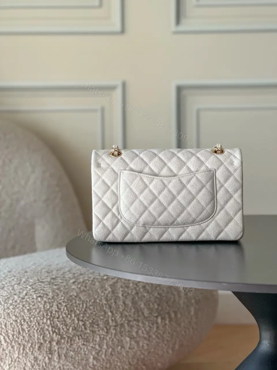 View 6 of Grey quilted leather chain-strap shoulder bag, luxury monogram-inspired pattern for everyday elegance