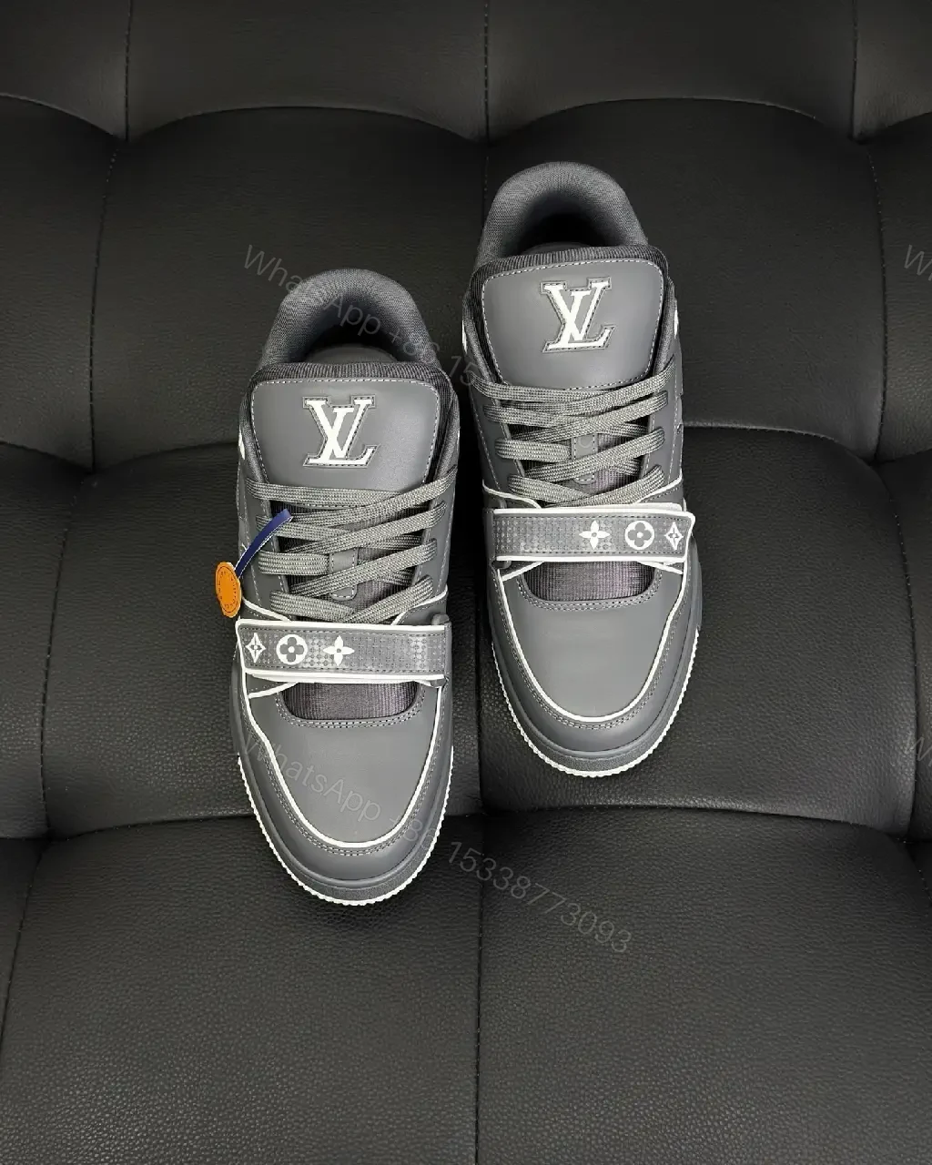 View 8 of Grey Leather Structured Sneakers with Velcro Detail