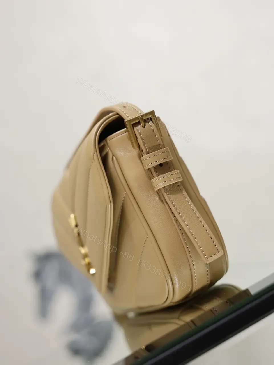 View 4 of Beige Leather Crossbody Bag Flap Chevron Stitching