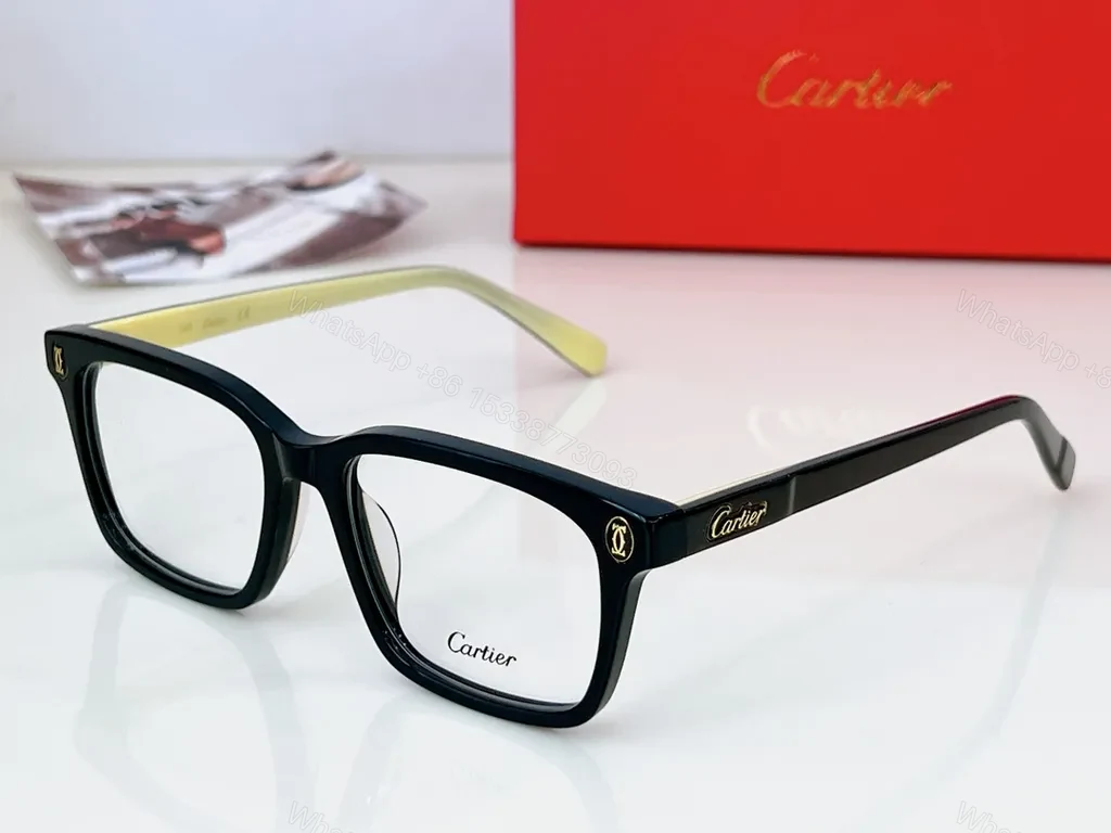 View 9 of Black Acetate Cartier-Inspired Eyeglasses â€“ Oversized, Gold-Logo, Luxury Frames