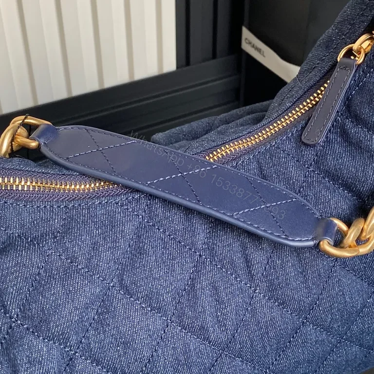 View 6 of Chic Denim Quilted Satchel with Gold Chain Strap