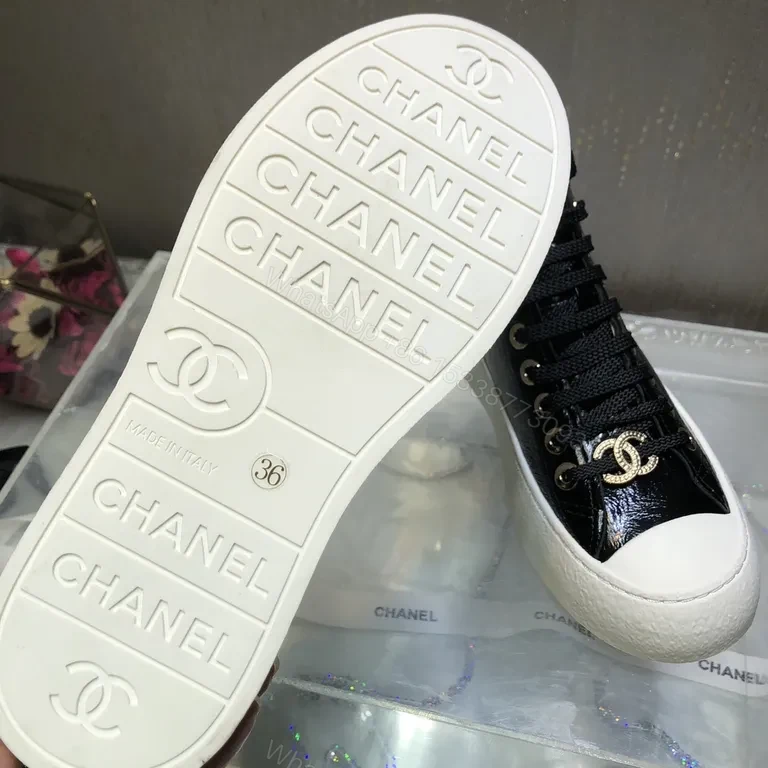 View 3 of Chanel-Inspired Black Patent High-Top Sneakers with Gold Logo