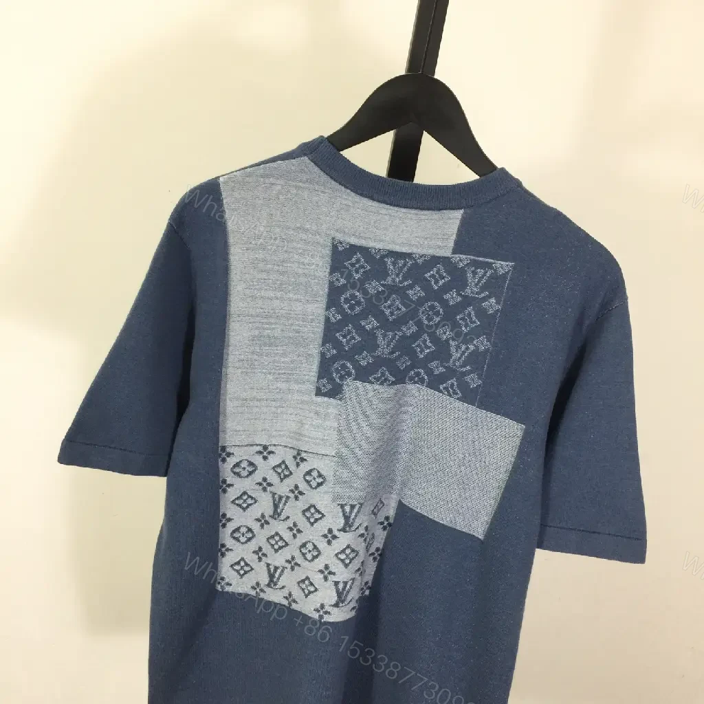 View 3 of Blue Patchwork LV-Patterned Casual Oversized Tee with Chest Pocket