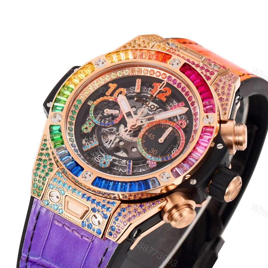 View 4 of Hublot Big Bang Rainbow Replica 45MM Premium Rose Gold Case Purple Orange Leather Strap Edition RG-HUBLOT-RAINBOW-RG-45