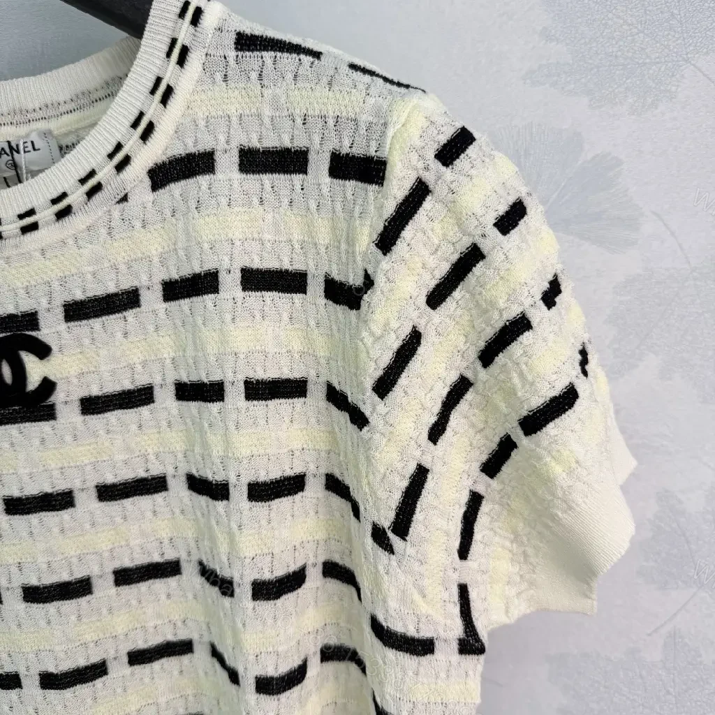 View 10 of White Knit Top Textured Striped Chanel Logo Short Sleeve Top