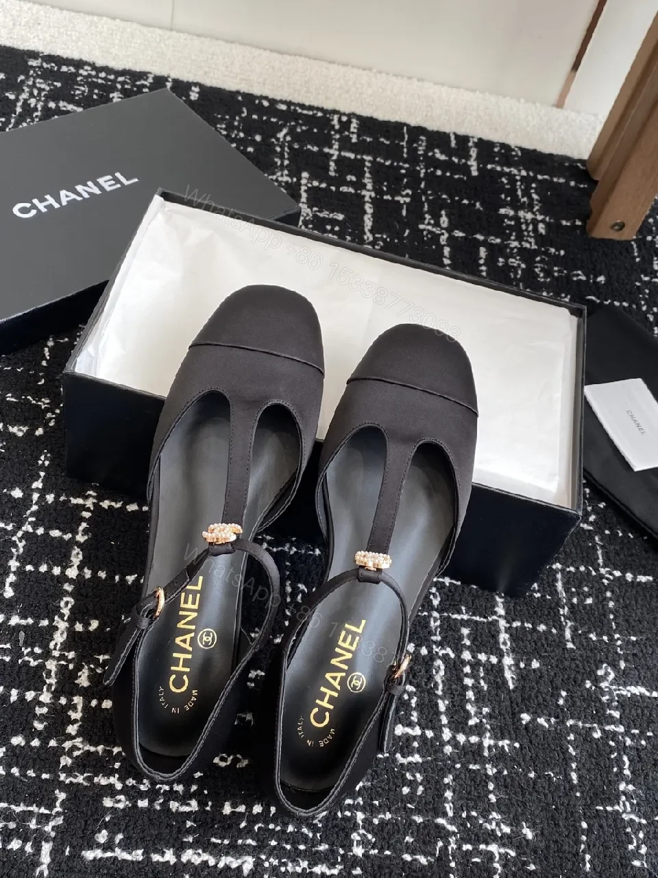 View 3 of Black Satin Mary-Jane Heels with Gold Signature Hardware