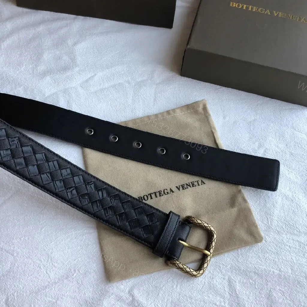 View 8 of Intrecciato Leather Belt with Brass Buckle — Luxury Everyday