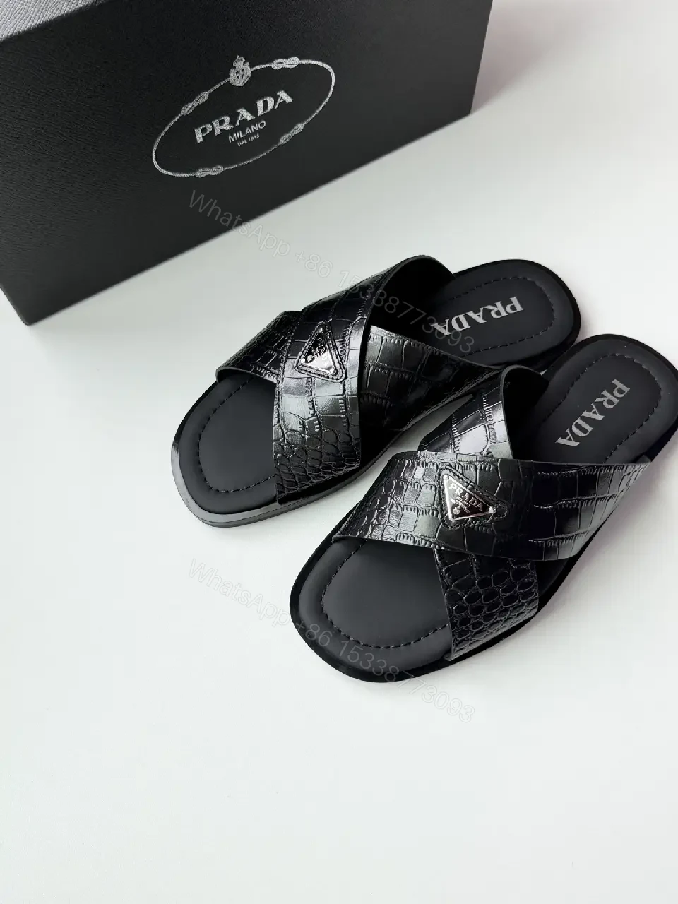 View 9 of Black Leather Quilted Prada Slides, Wide Strap, Luxury Sandals