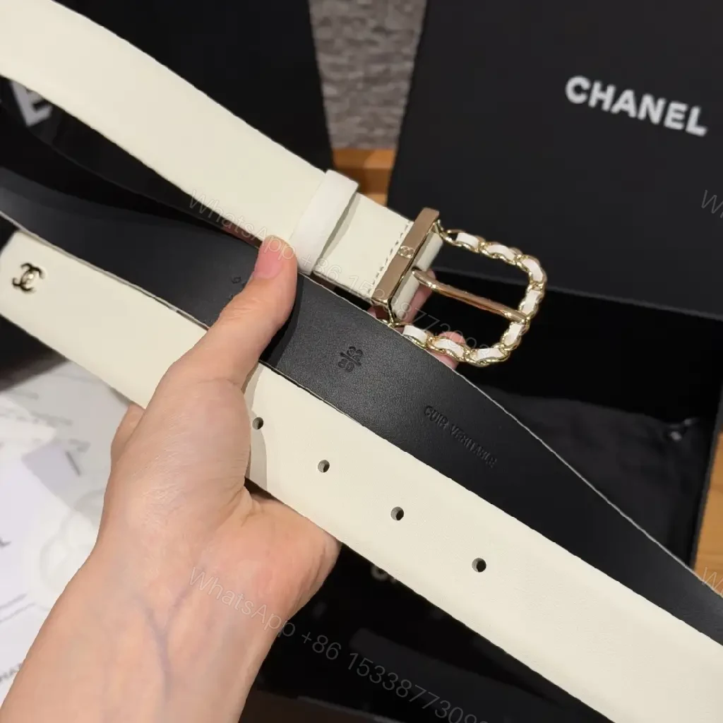 View 4 of White Leather Belt Gold Chain Buckle Modern Chic Chanel Logo Tag Belt