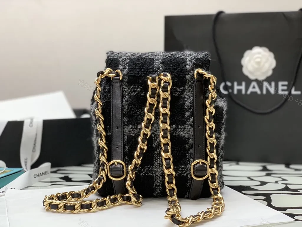 View 9 of Chanel-Inspired Plaid Knit Backpack with Gold Chain