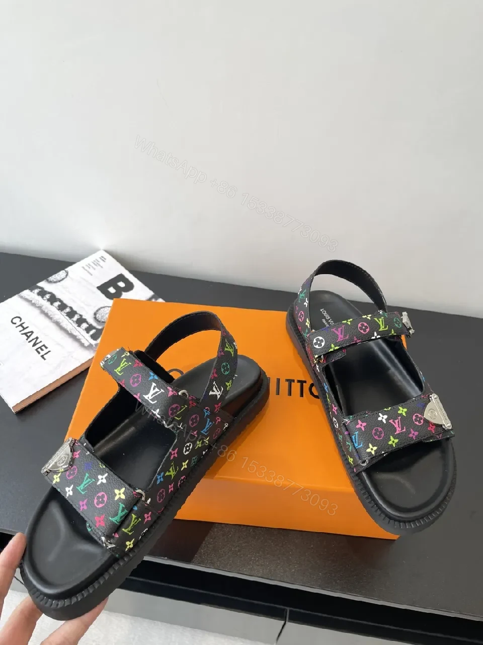 View 8 of Bold Patterned Strap Sandals with Rainbow Monogram Logo