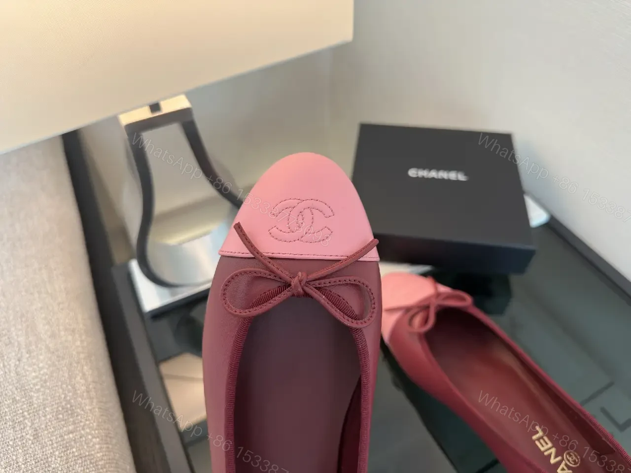 View 5 of Pink Cap Toe Bow Flats - Leather Style with Logo Embroidery, Chanel-inspired