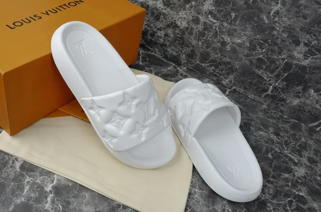 View 6 of Minimalist White Slides with LV Embellishment â€“ Luxe Comfort Slide