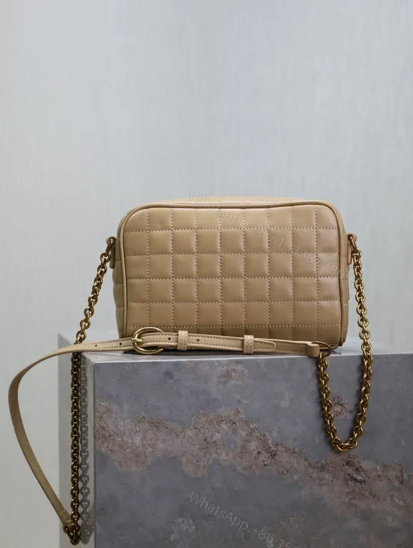View 7 of Taupe Quilted Crossbody Bag with Gold YSL-Inspired Logo