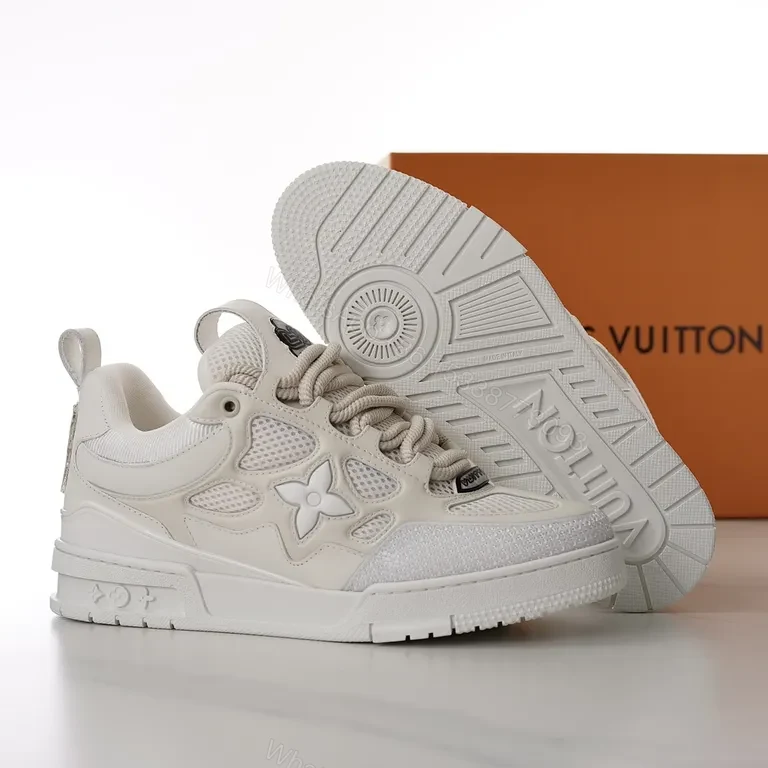 View 2 of White Leather & Mesh Luxury Sneaker: Subtle LV Star Accent