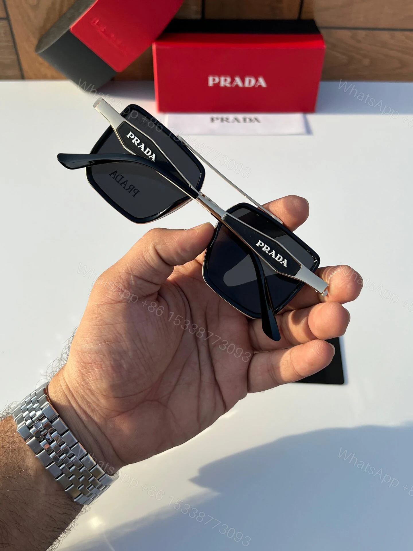 View 5 of Prada Square Sunglasses Gold-Dark HD